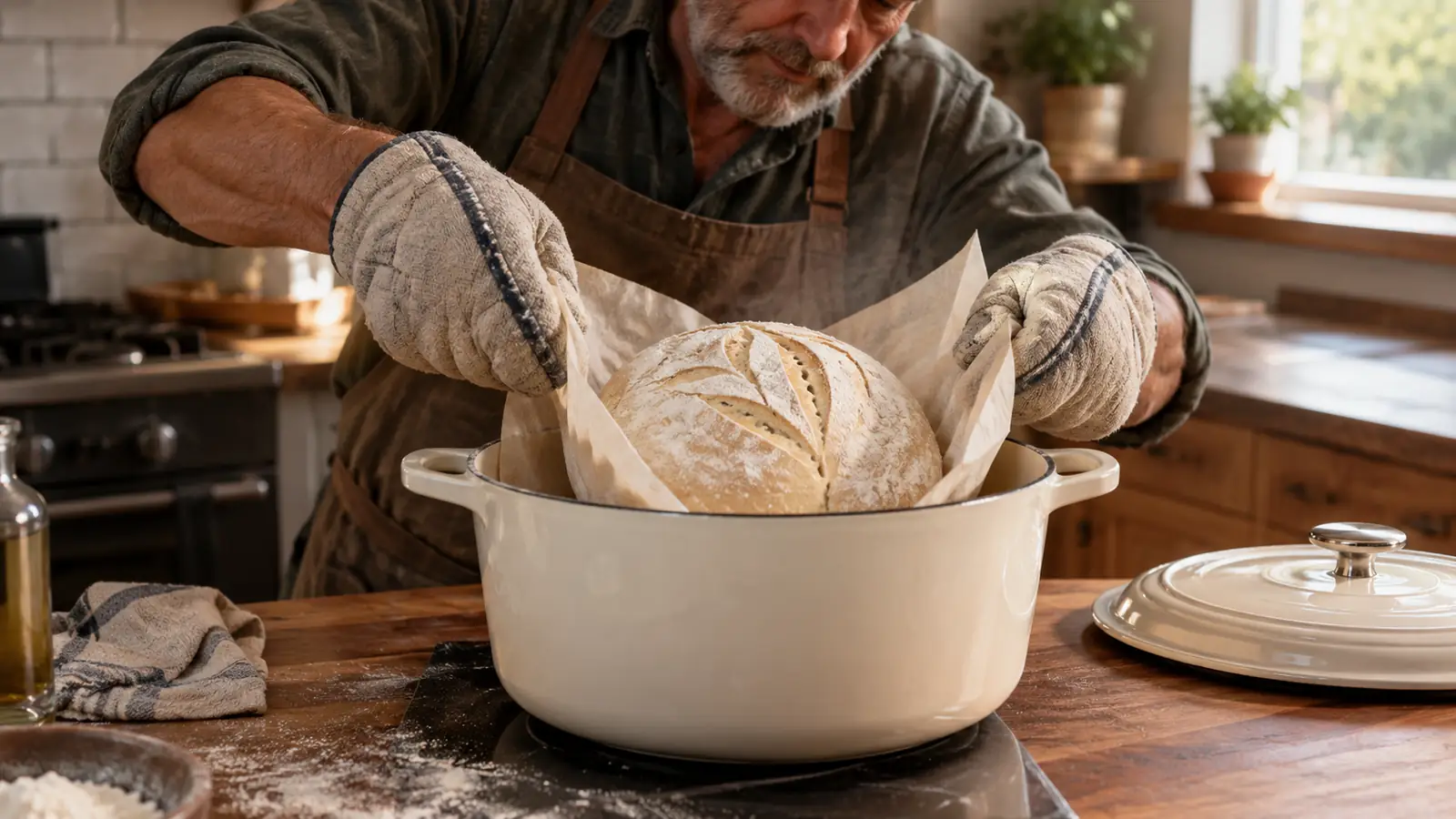 A home baker placing a round loaf of dough into a preheated enameled cast iron Dutch oven lined with parchment