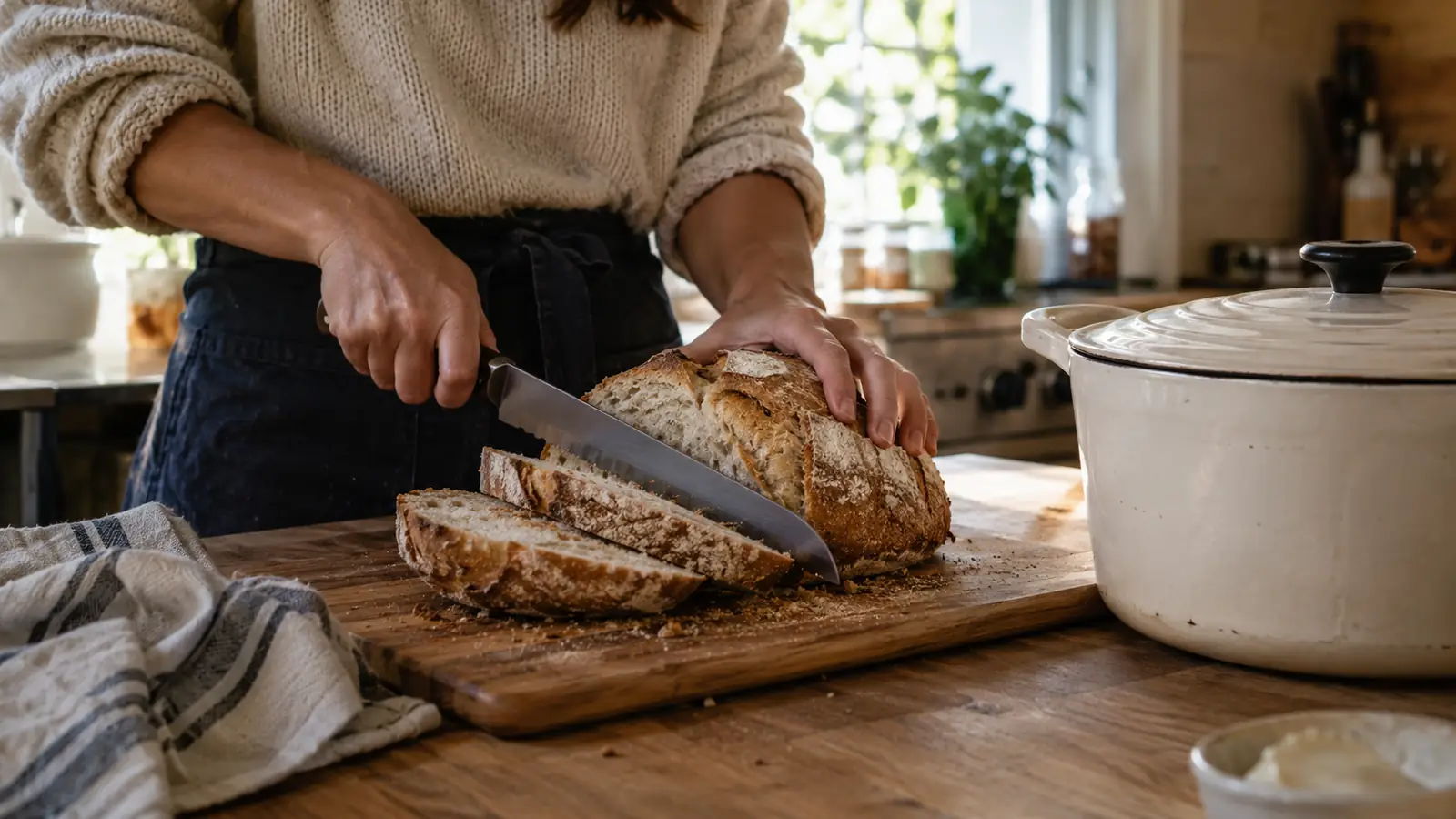 A home baker slicing a crusty round loaf on a wooden board next to the enameled cast iron Dutch oven