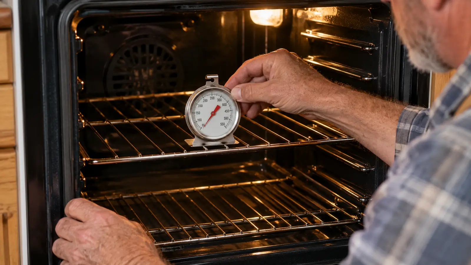 A hand placing an analog oven thermometer on the middle oven rack
