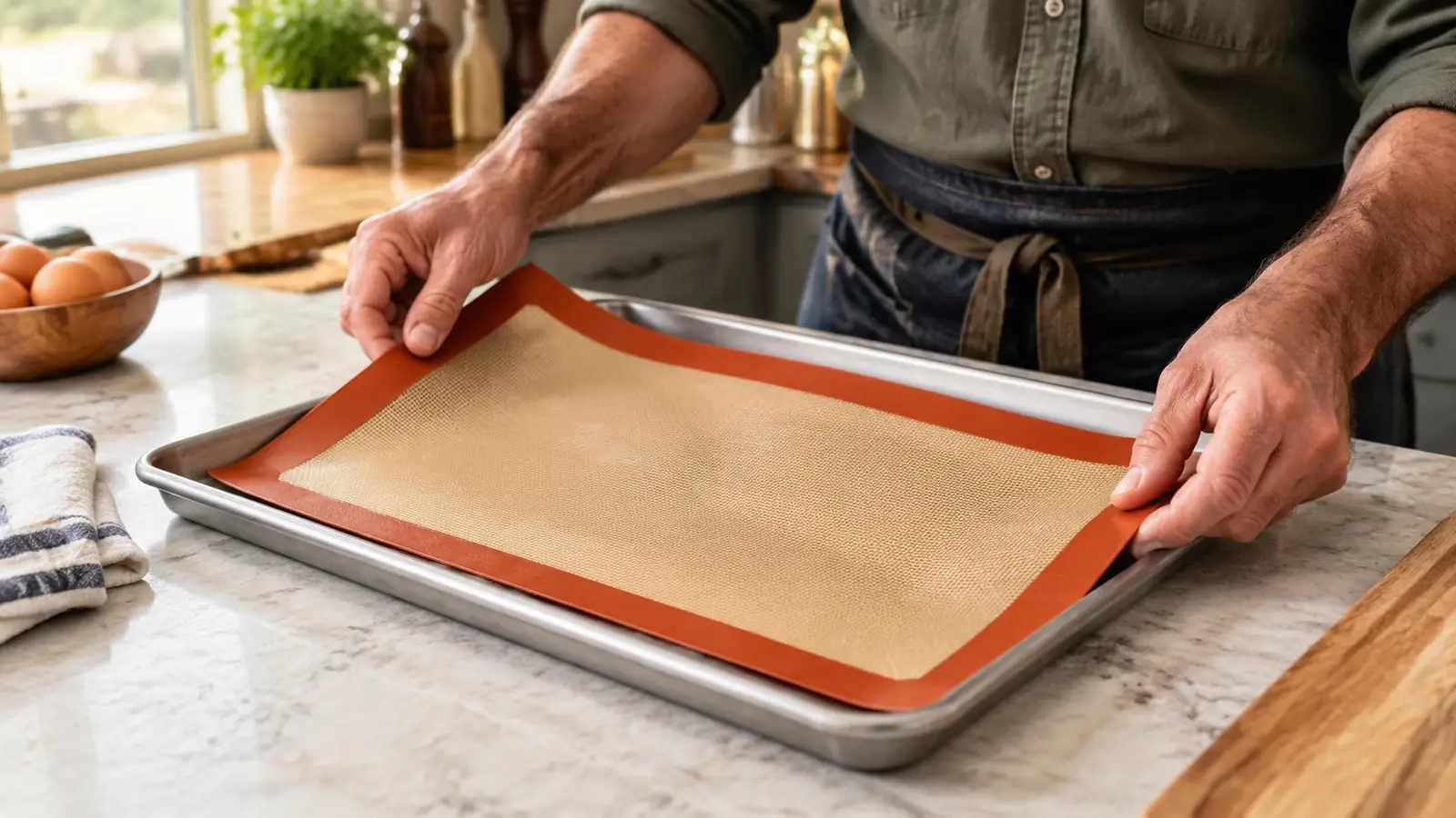 A hand placing a silicone baking mat onto a metal half-sheet pan