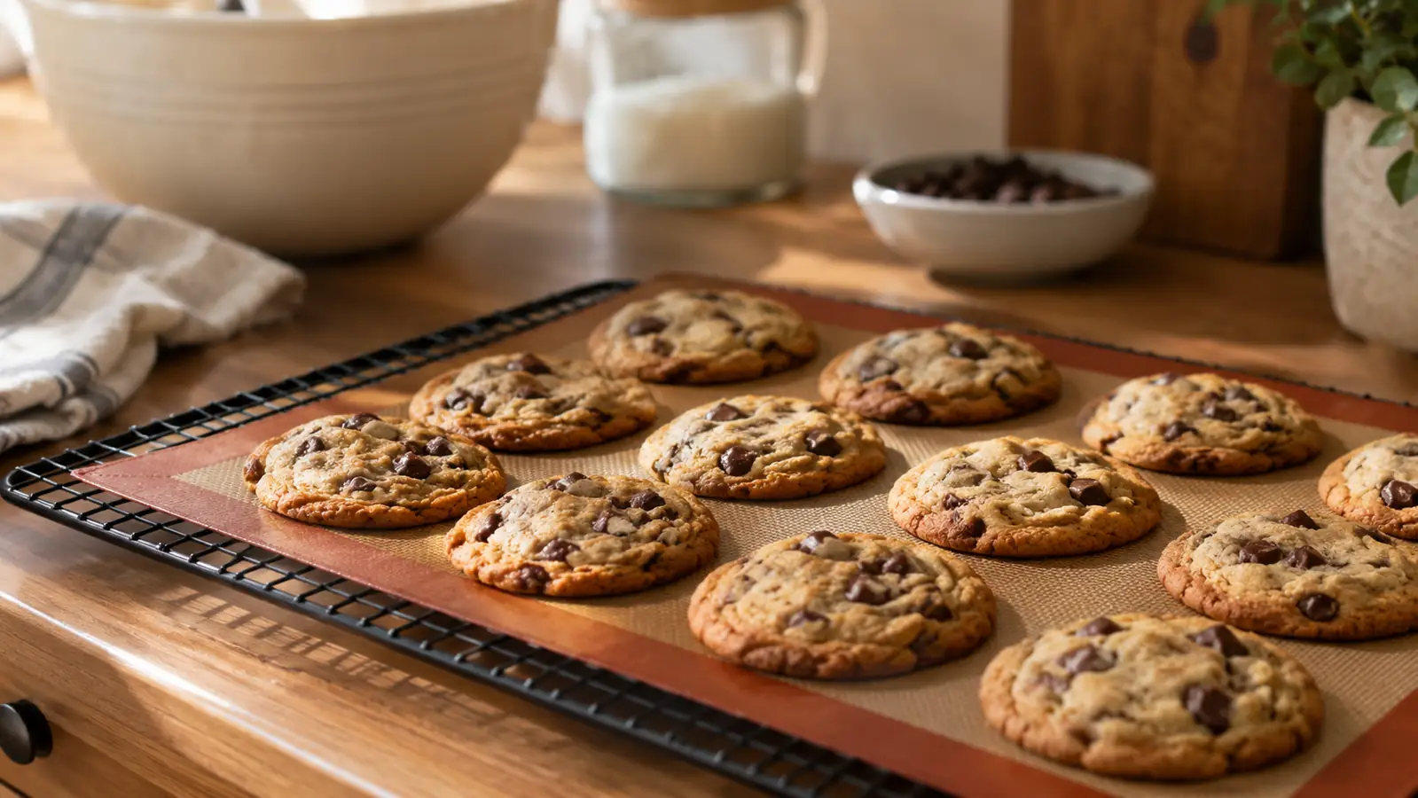 Freshly baked cookies cooling on a silicone baking mat set on a wire rack