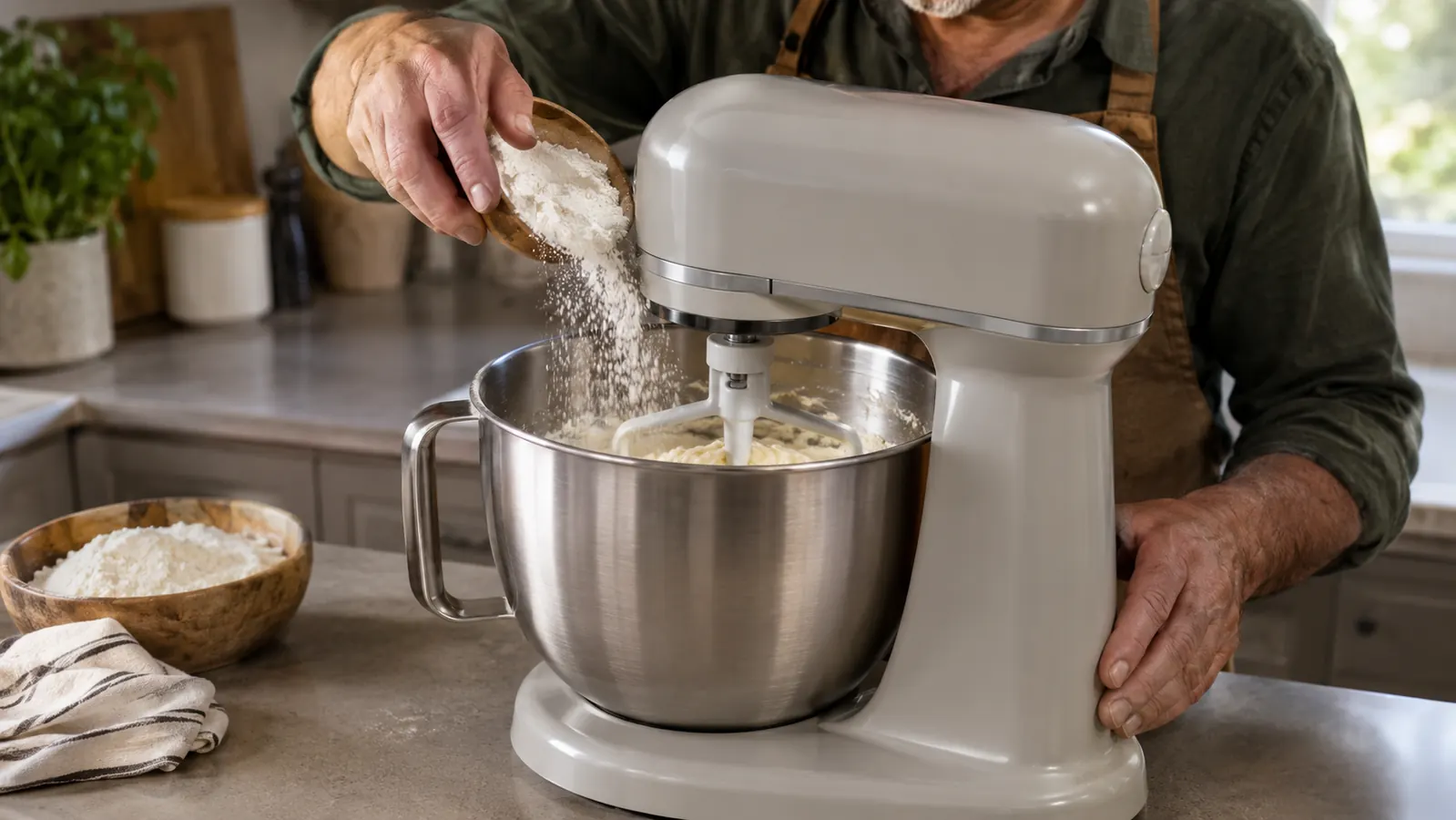 A hand adding flour to the bowl of a stand mixer while it runs