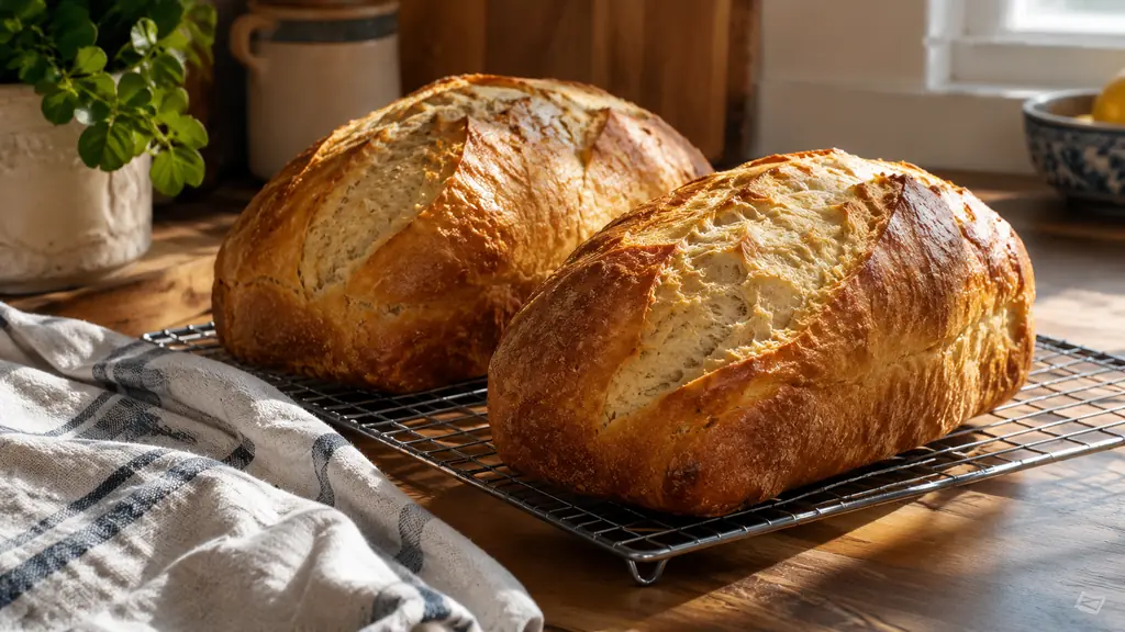 Two loaves of bread cooling on a wire rack on a kitchen counter
