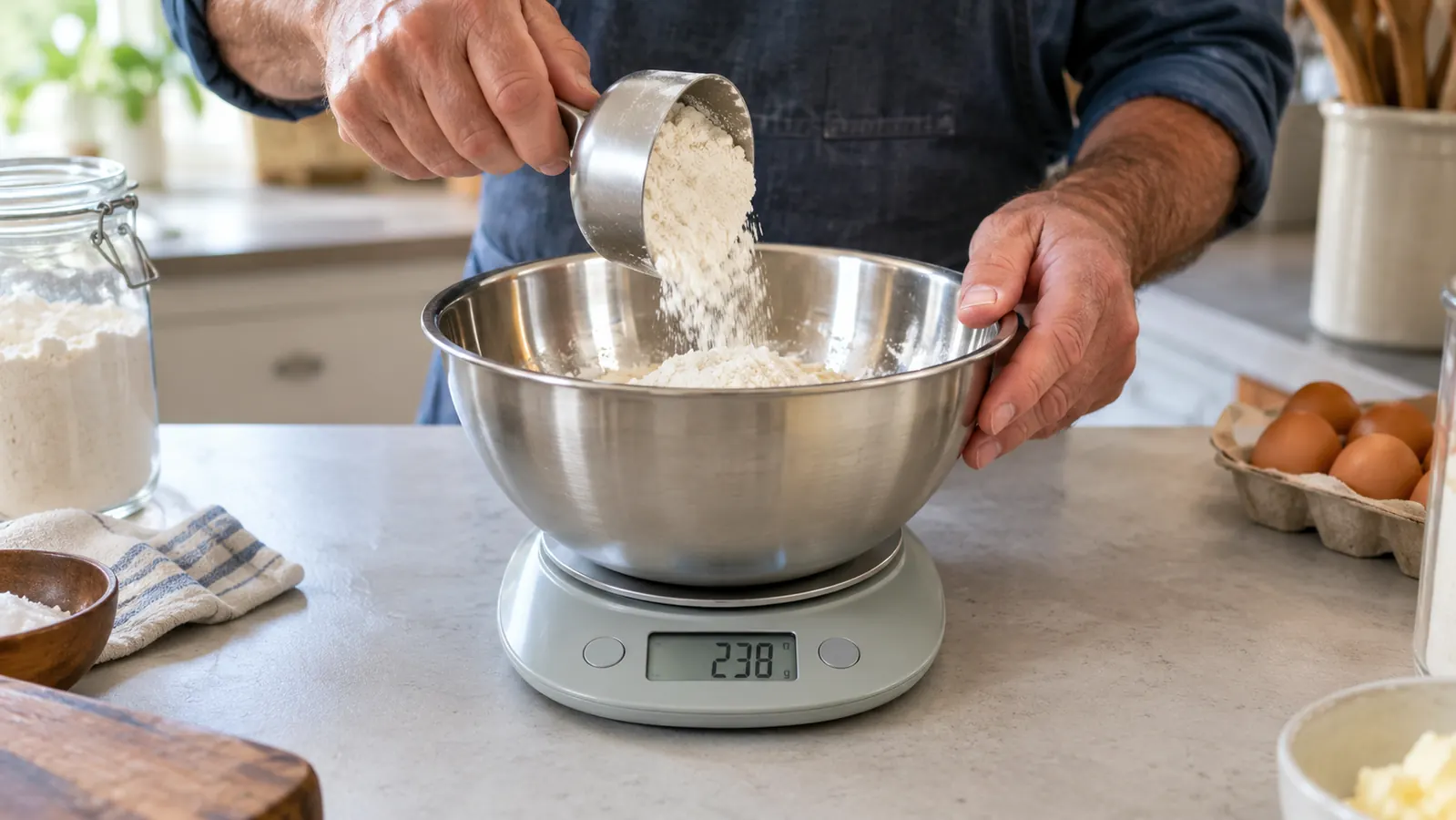 a hand sprinkling flour into a mixing bowl set on a digital kitchen scale, the scale's display visible