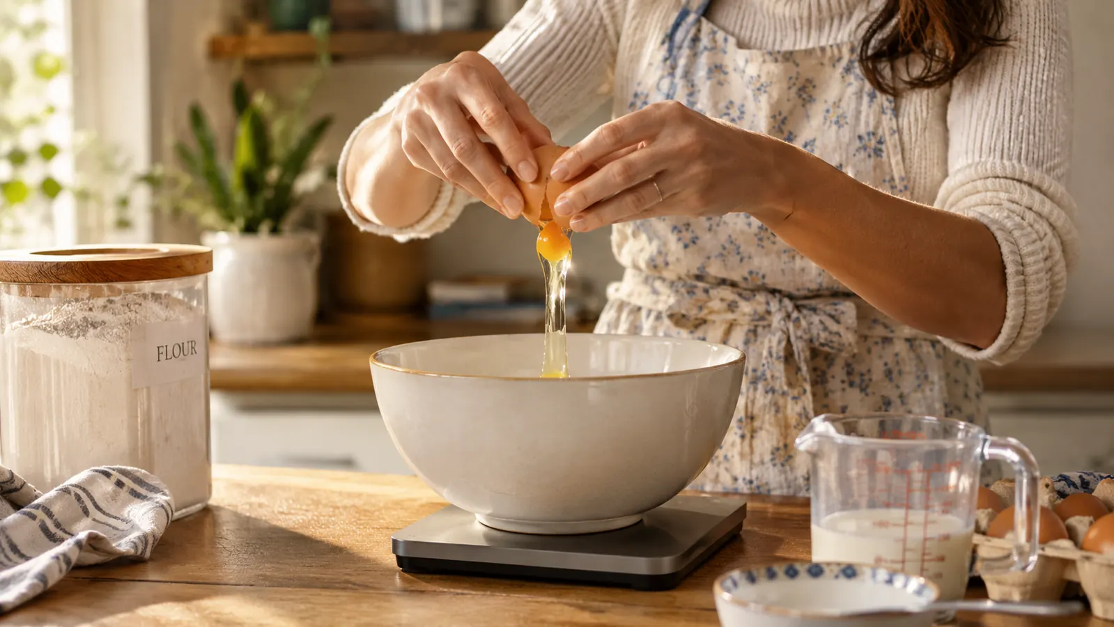 a baker adding an egg to a bowl on a digital scale, with a bag of flour and a measuring cup in the background