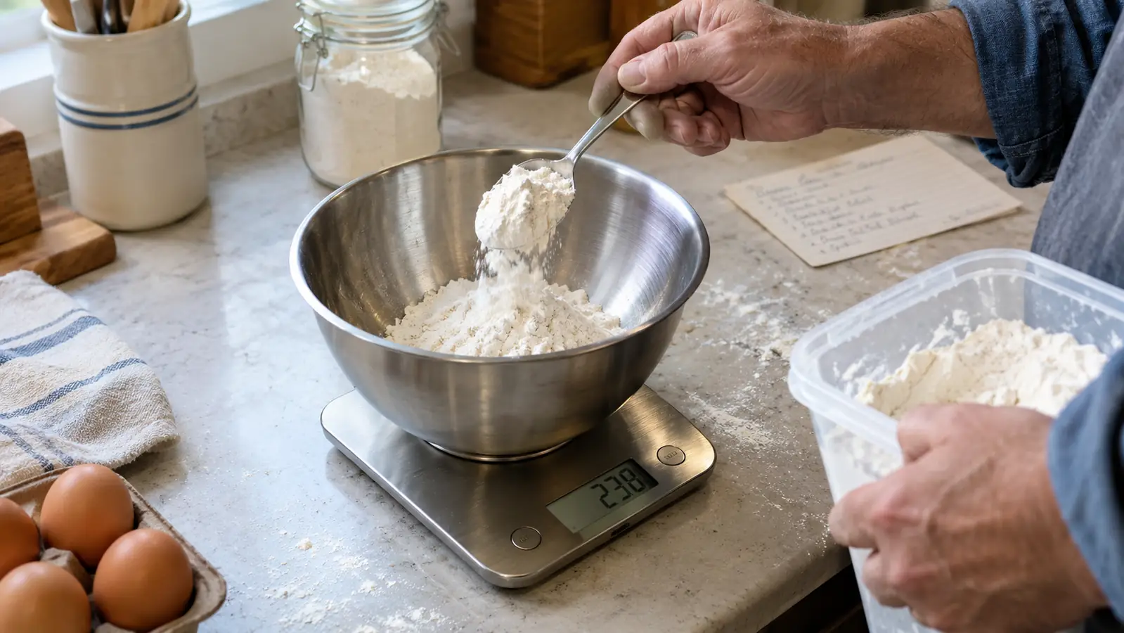 A hand spooning flour into a stainless steel bowl on a digital kitchen scale, with a handwritten recipe card nearby