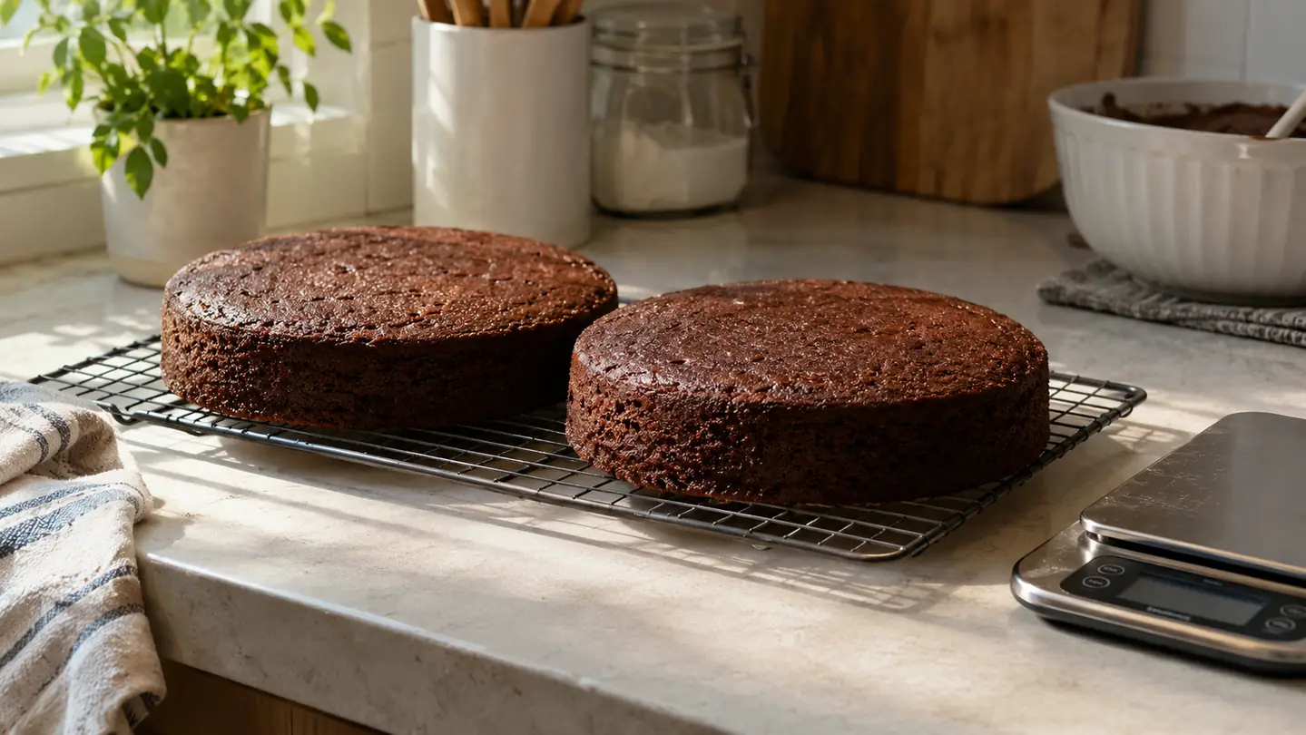 Two even chocolate cake layers cooling on a wire rack on a kitchen counter