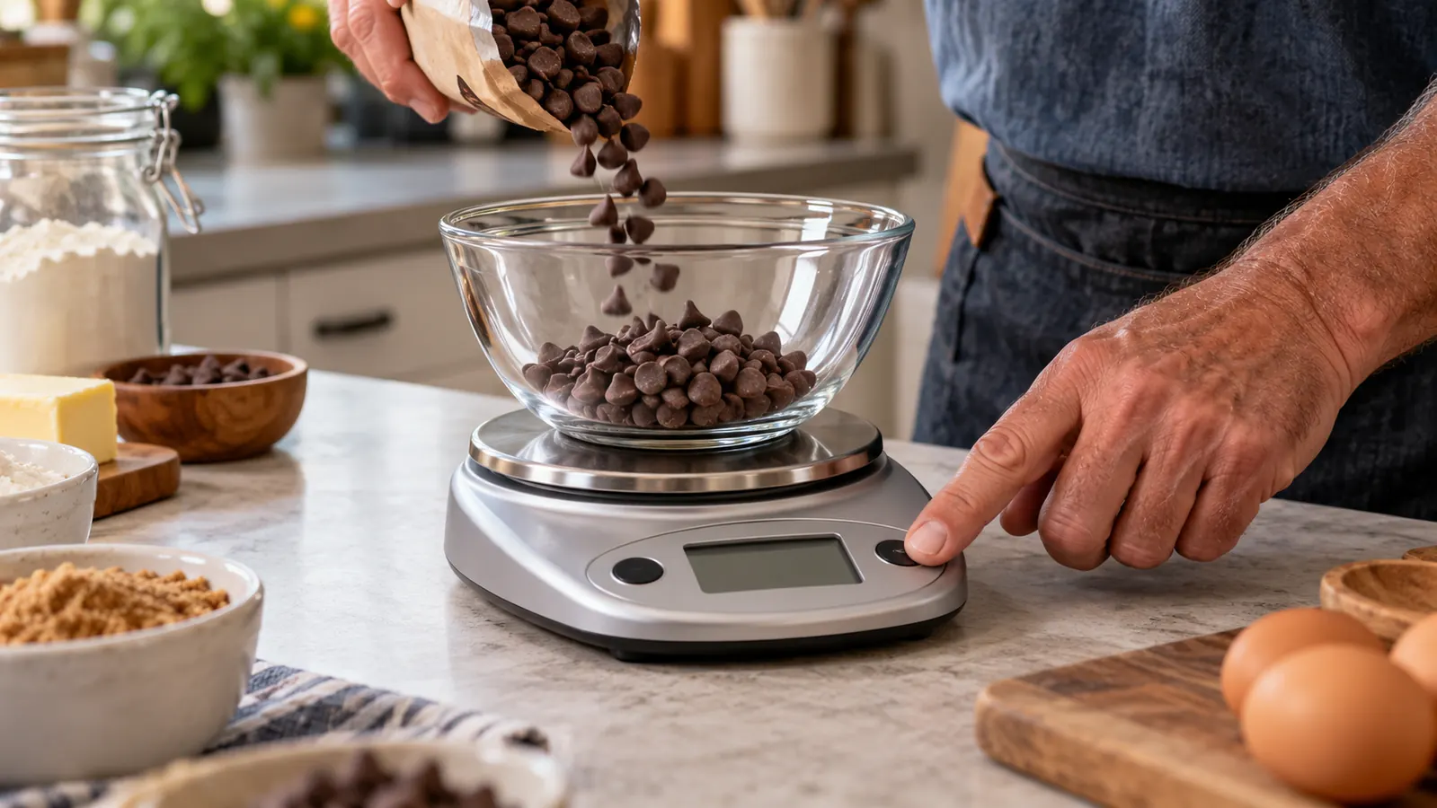 A home baker pressing a button on a digital kitchen scale while adding chocolate chips to a mixing bowl
