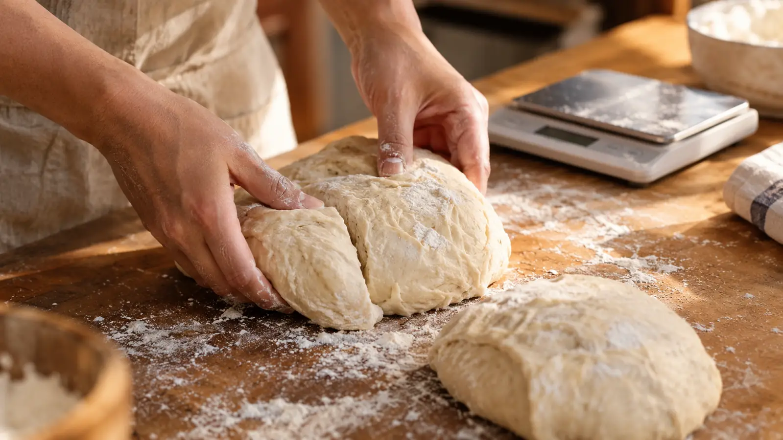 A baker's hands dividing a round of bread dough on a floured counter beside a small digital kitchen scale