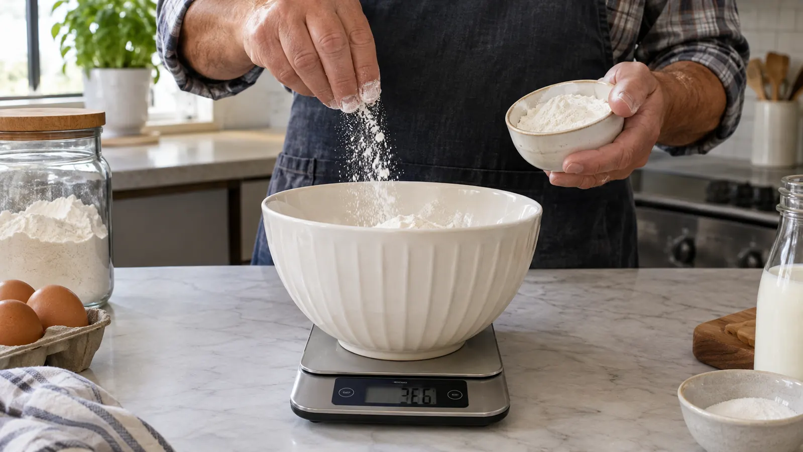 A hand sprinkling flour into a mixing bowl set on a digital food scale