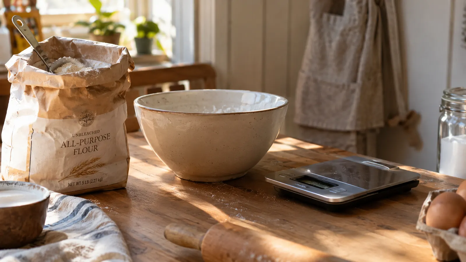 A baker's worktable with a digital food scale, a bag of flour, and a mixing bowl