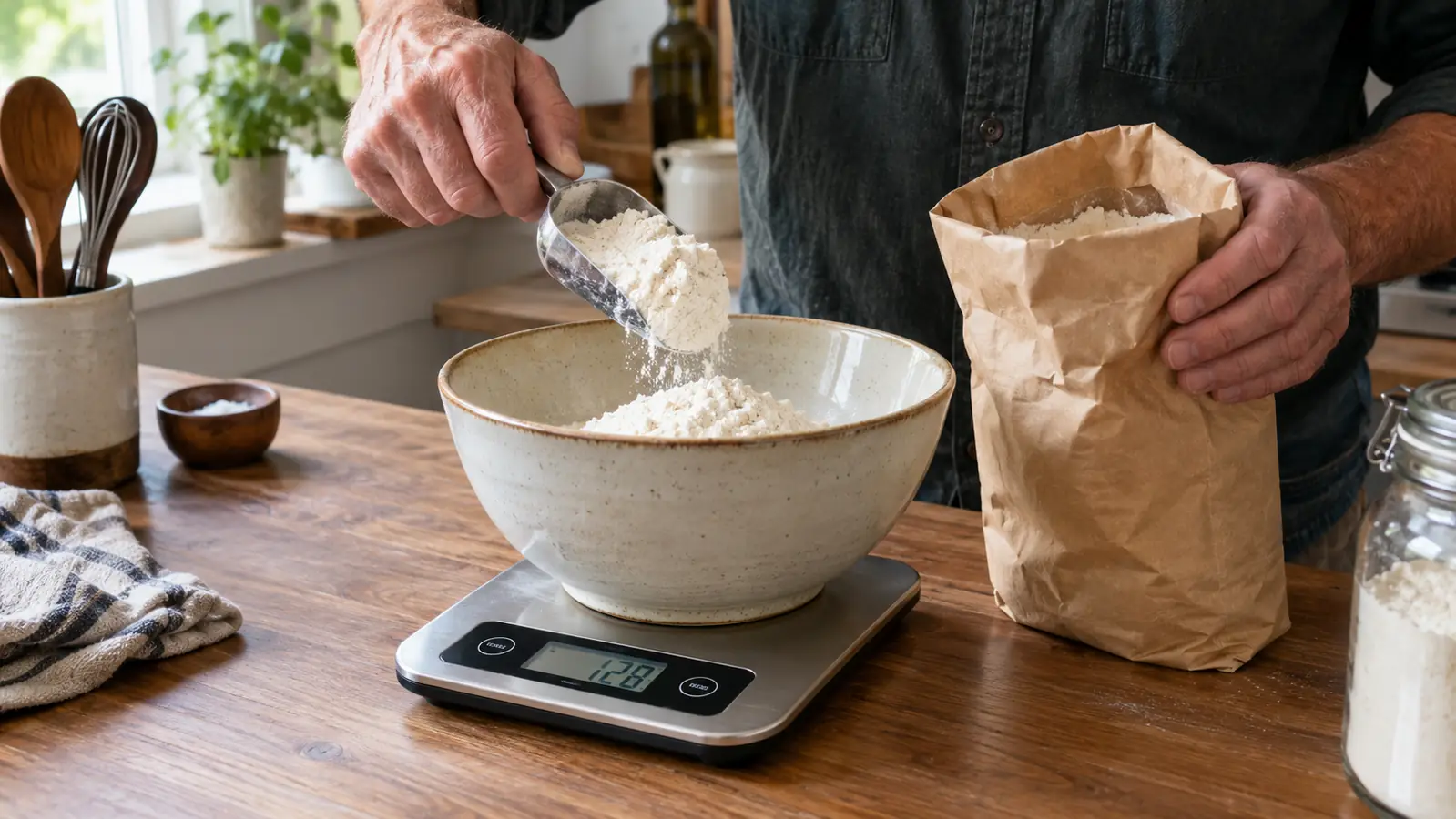 A hand scooping flour into a mixing bowl set on a digital food scale