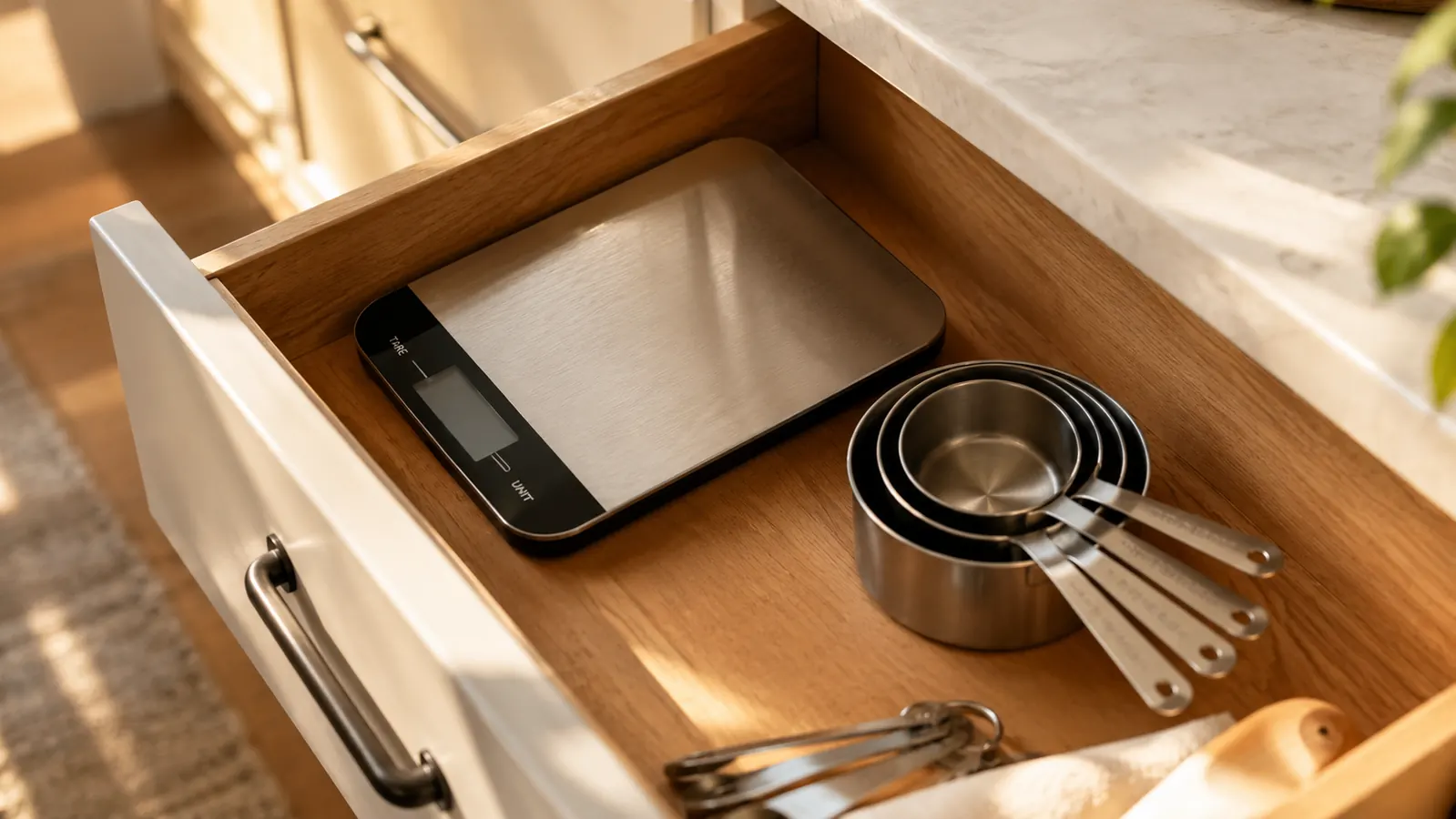 A digital food scale tucked into a kitchen drawer beside measuring cups