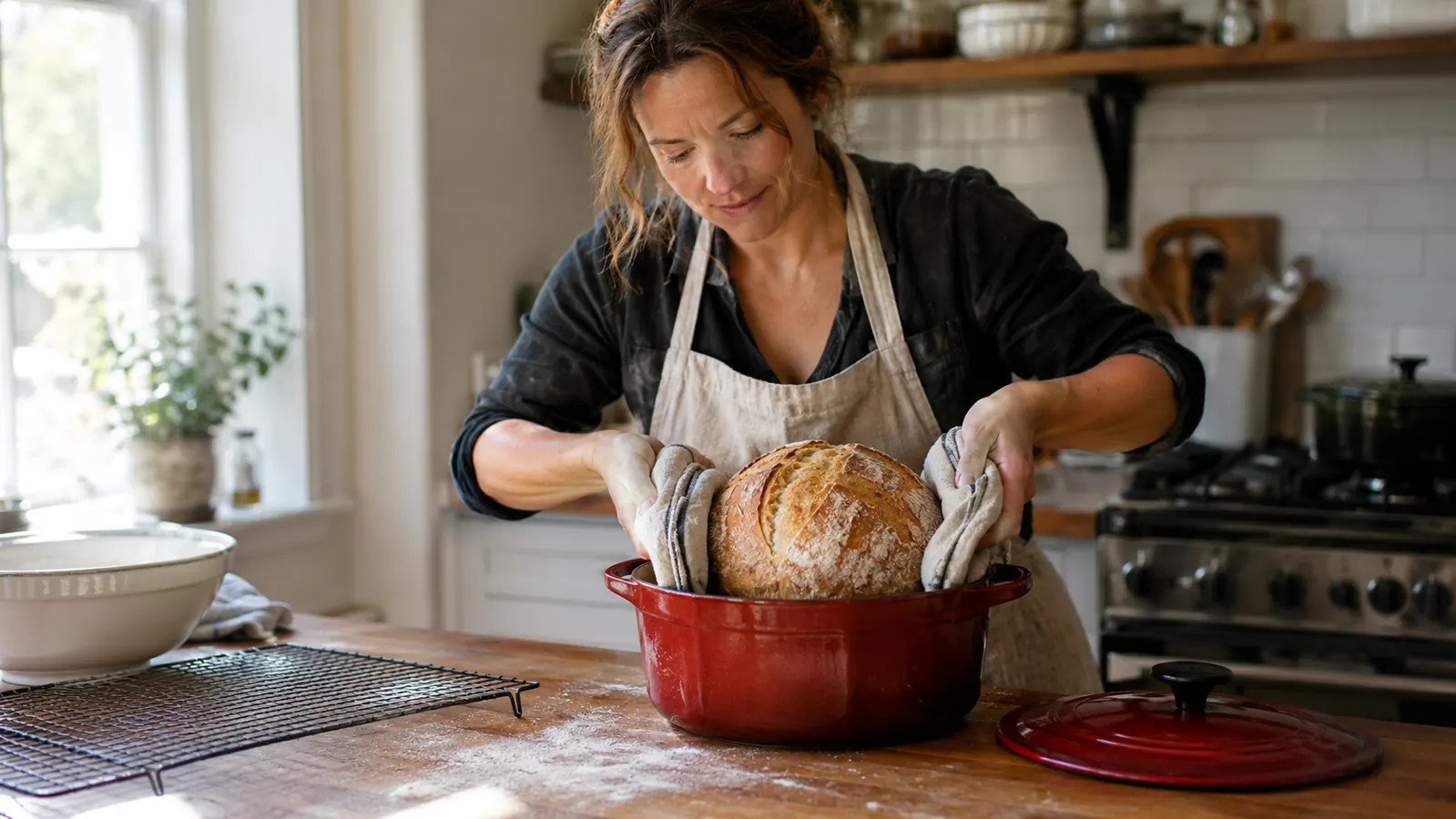 A home baker in her forties lifting a golden loaf of bread from a Dutch oven on a floured kitchen counter