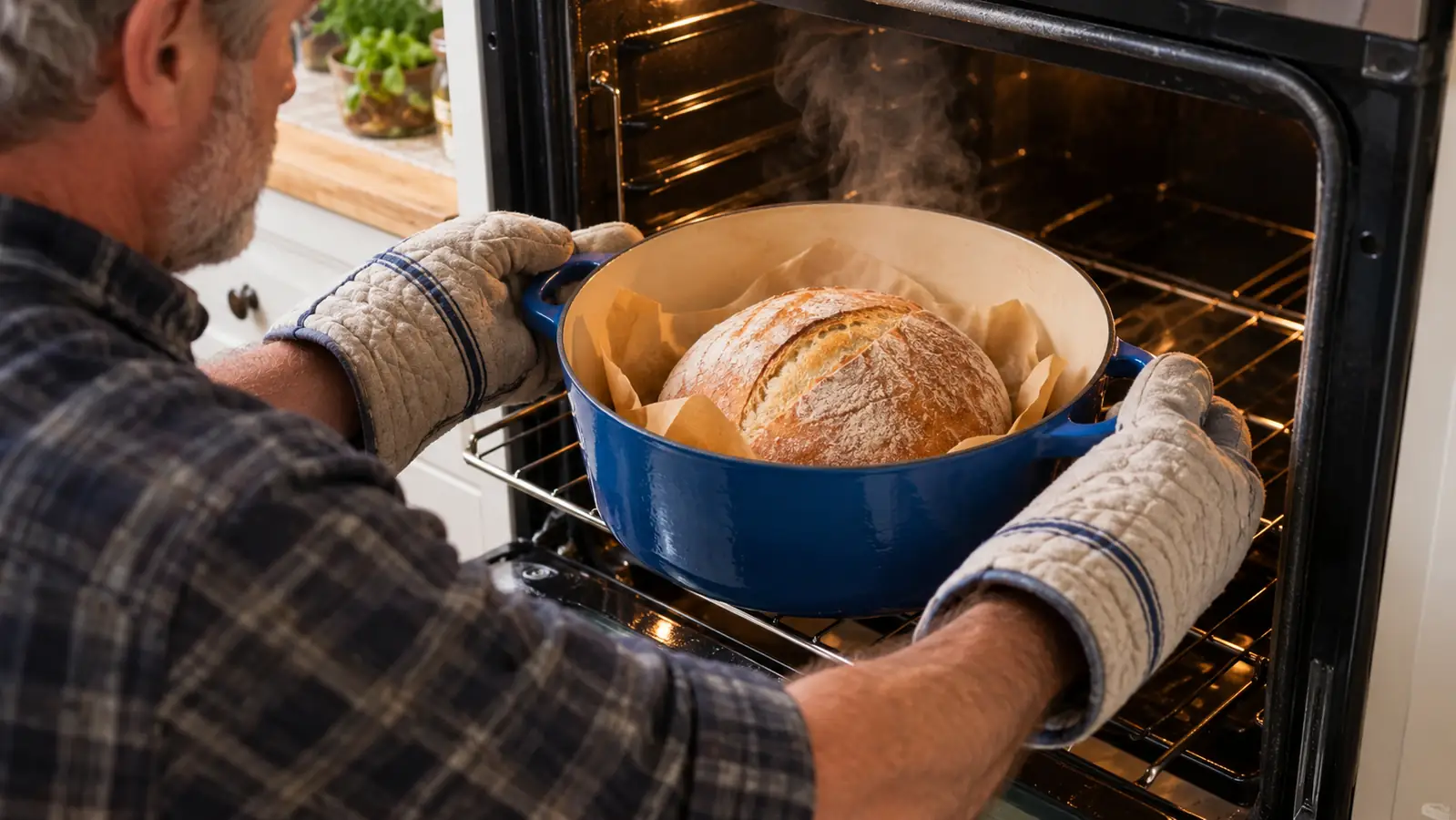 Hands in oven mitts lowering a round loaf of dough on parchment paper into a hot round Dutch oven.
