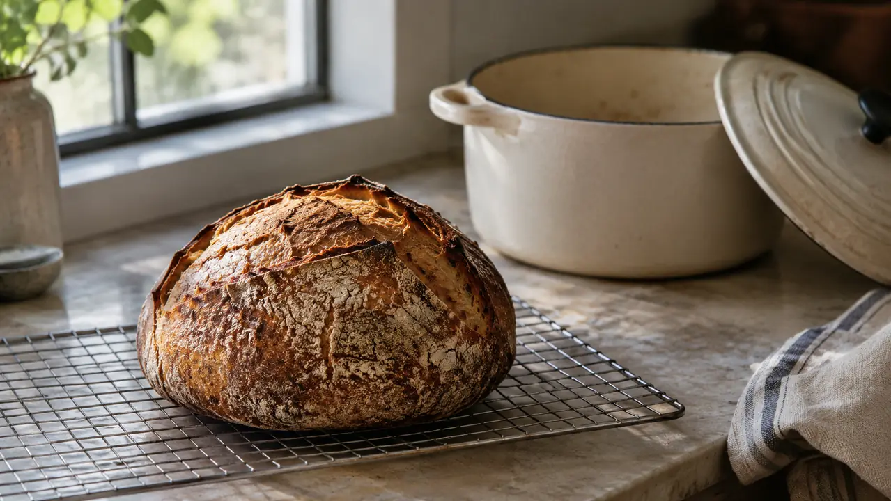 A finished round loaf of crusty bread cooling on a wire rack, the crust deeply browned and crackled, with a round Dutch oven nearby.