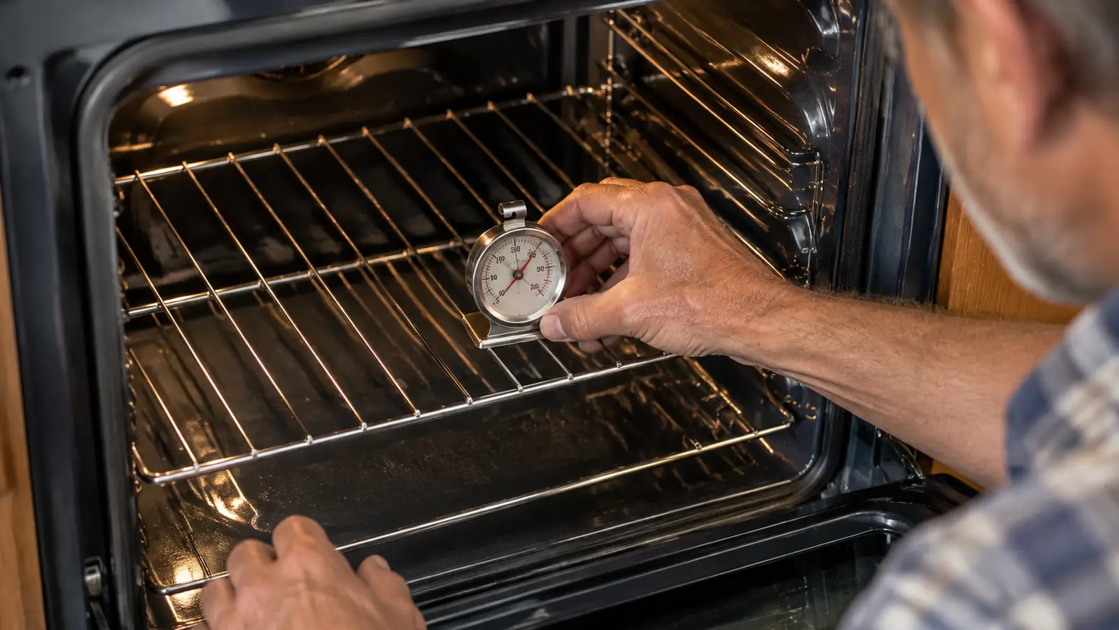 A hand placing an analog oven thermometer on the middle rack of an empty oven