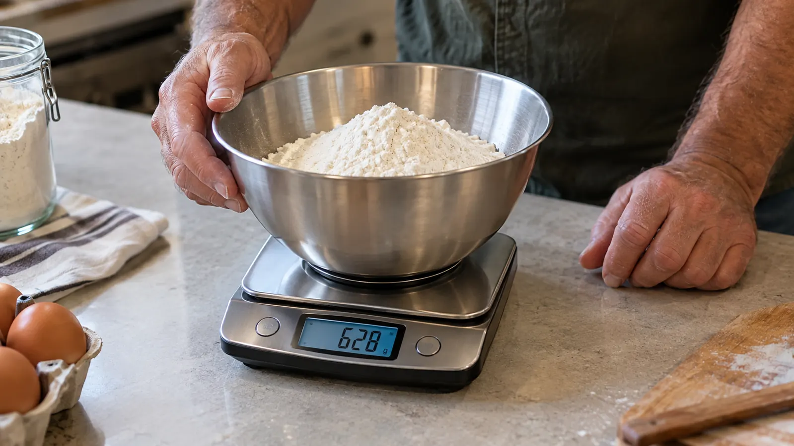 Close view of a digital kitchen scale showing a gram readout with a bowl of flour on top