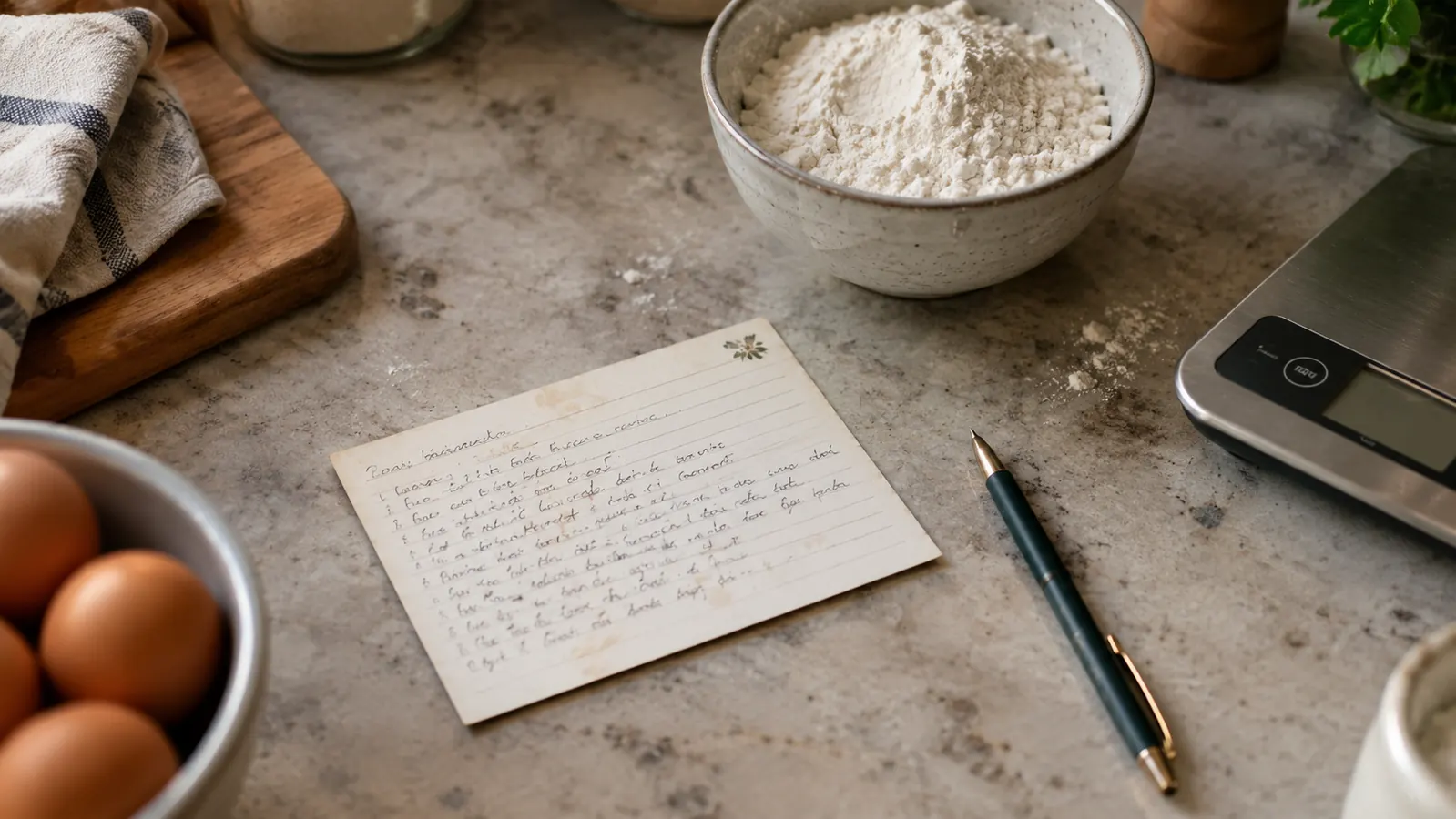 A handwritten recipe card with gram measurements written beside the original cup amounts