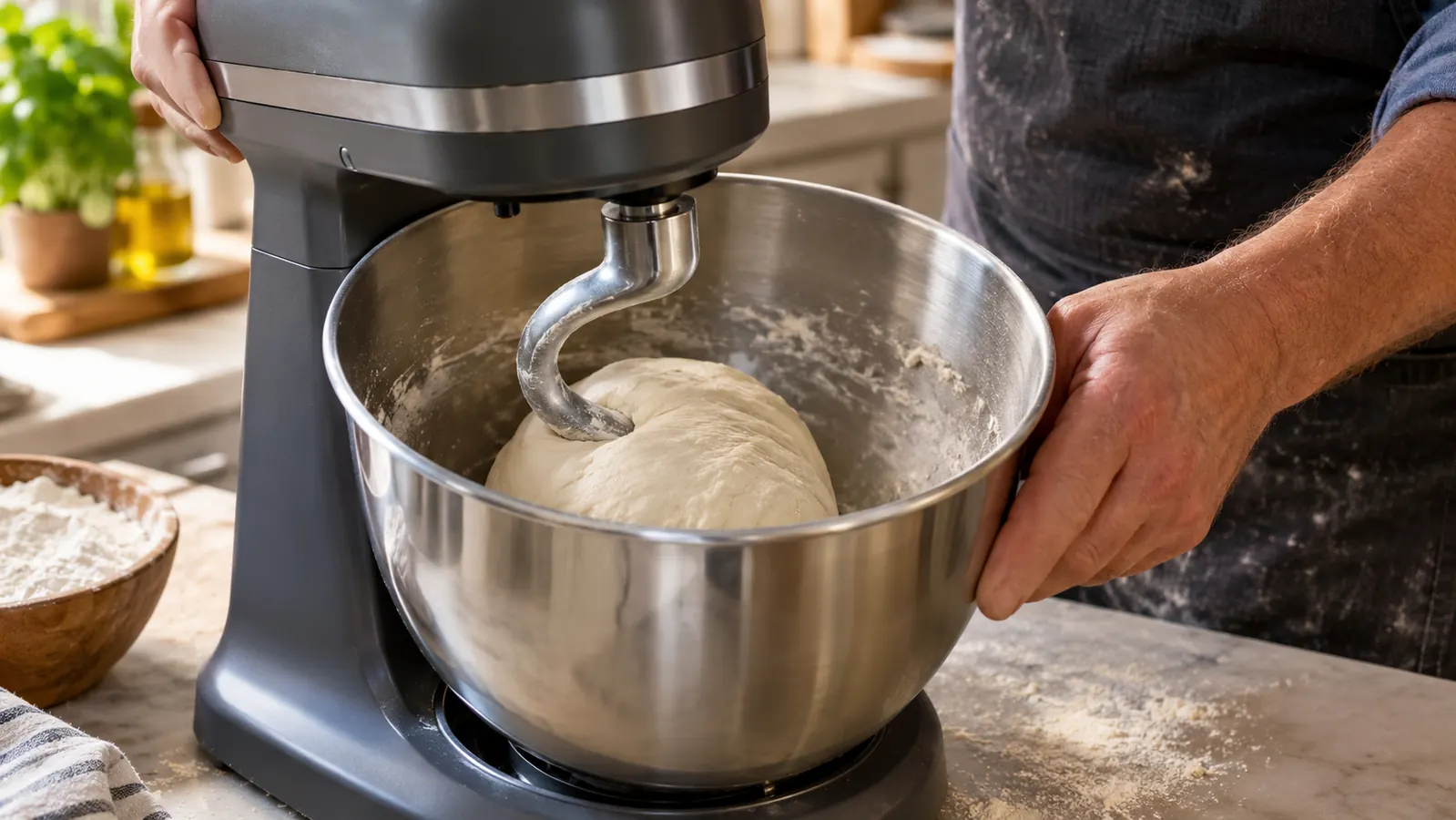 A dough hook kneading a smooth ball of bread dough inside the stainless steel bowl of a stand mixer