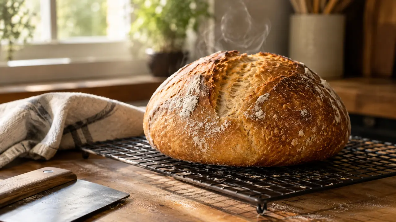 A baked loaf of bread cooling on a wire rack with a few wisps of steam rising over a kitchen counter