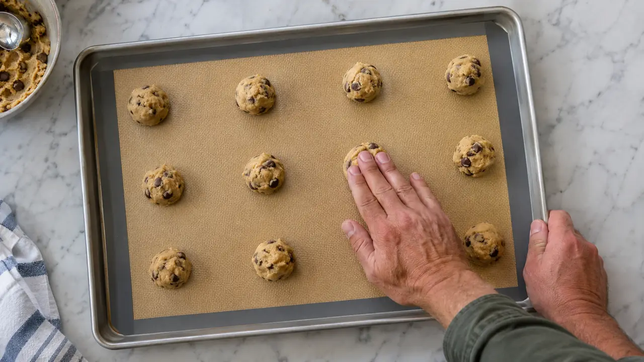 A silicone baking mat on a half-sheet pan with rounds of cookie dough spaced evenly.