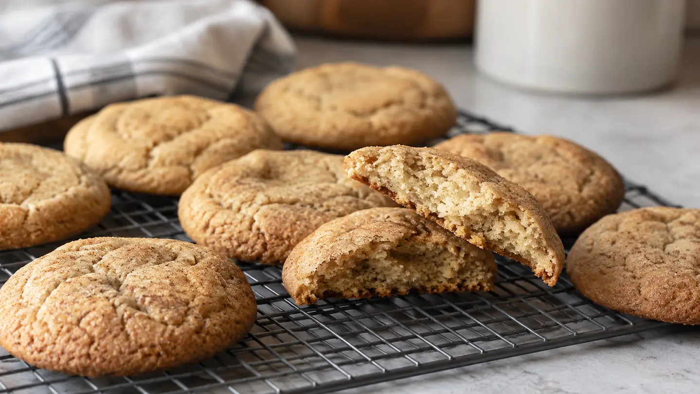 Baked cookies cooling on a wire rack, one broken open to show a soft center.