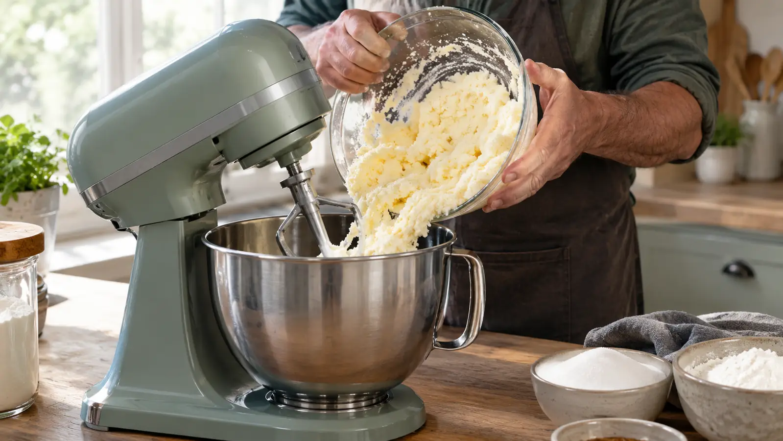 A hand pouring a bowl of creamed butter and sugar into the stainless steel bowl of a stand mixer