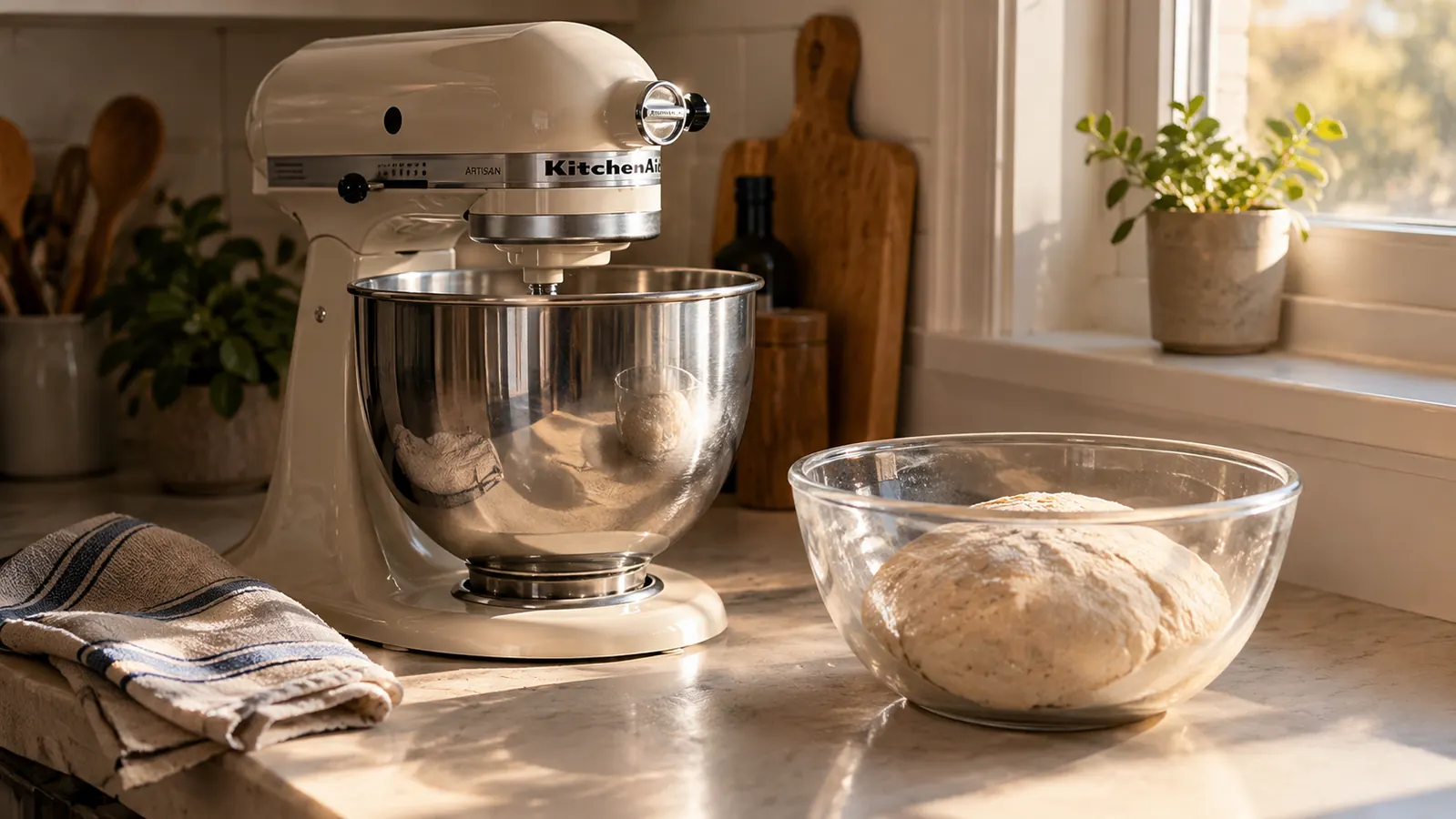 A stand mixer on a kitchen counter with a bowl of bread dough beside it, a kitchen towel nearby