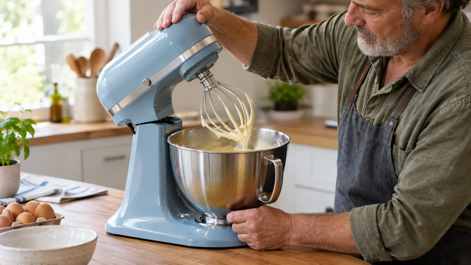A hand lifting the head of a tilt-head stand mixer to check the batter in the stainless steel bowl