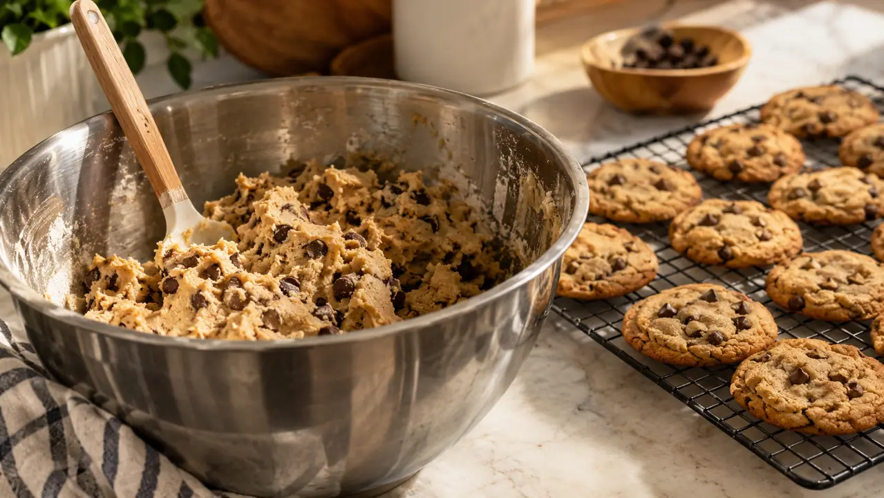 A stainless steel mixing bowl full of cookie dough beside a tray of baked cookies cooling on a rack