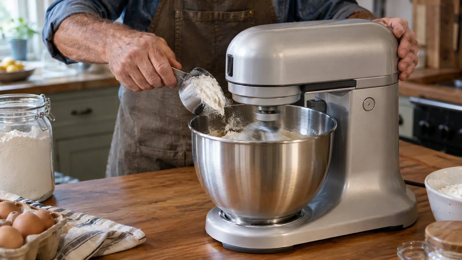 A hand adding flour to the stainless steel bowl of a stand mixer while it runs