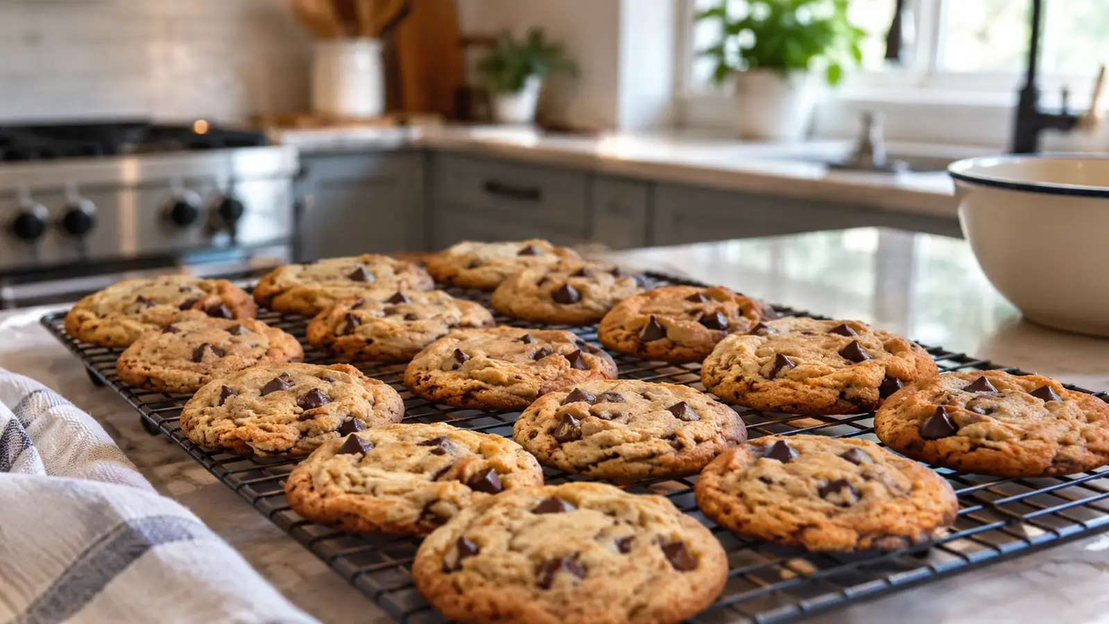 A wire cooling rack full of chocolate chip cookies in a home kitchen