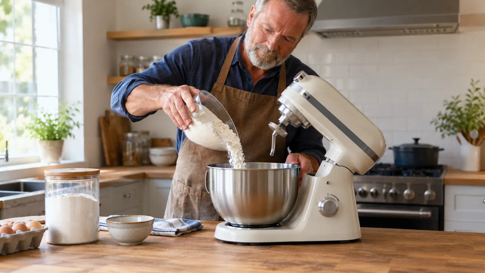 A home baker adding flour to the stainless bowl of a tilt-head stand mixer on the counter