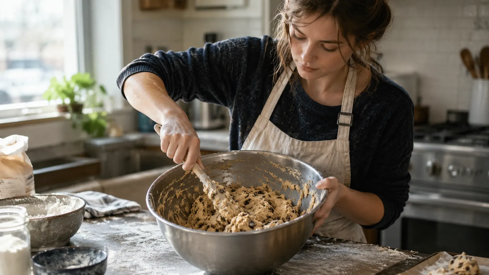 A home baker folding chocolate chips into cookie dough with a spatula