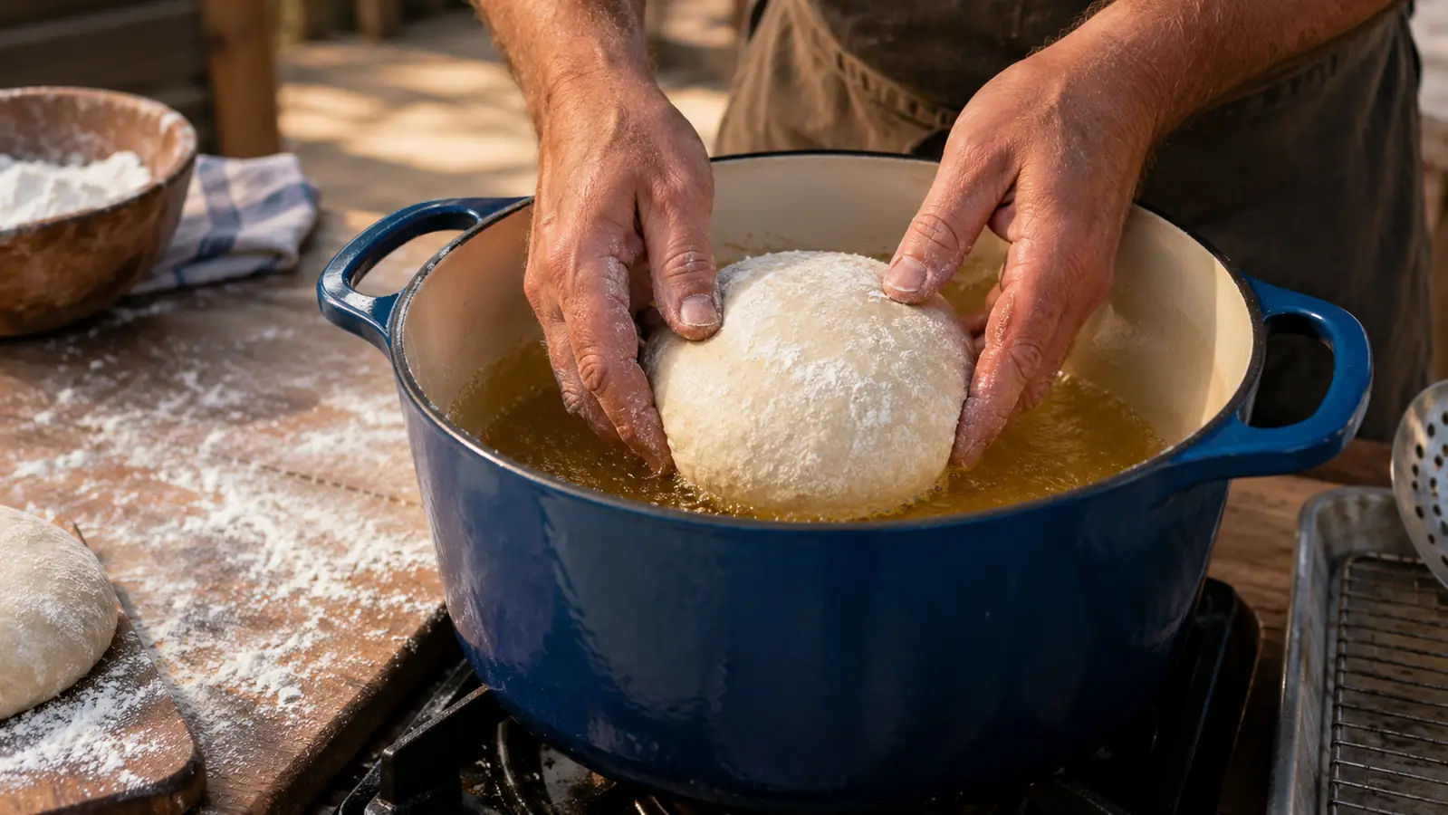 Gloved hands lowering a round of dough into a hot enameled Dutch oven on a flour-dusted counter.