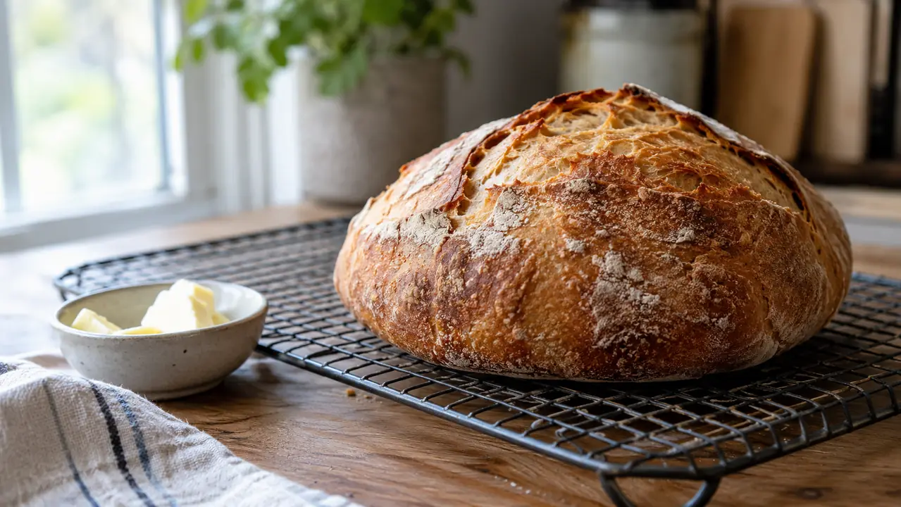 A crusty loaf cooling on a wire rack beside a small dish of butter.