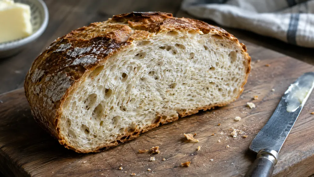 A thick slice of crusty homemade bread on a wooden cutting board with a butter knife nearby