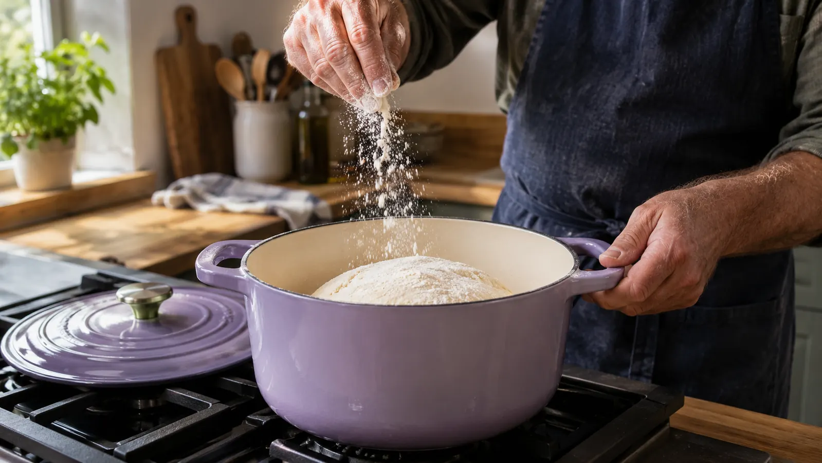 A hand sprinkling flour over a round enameled cast iron Dutch oven sitting on a home stovetop