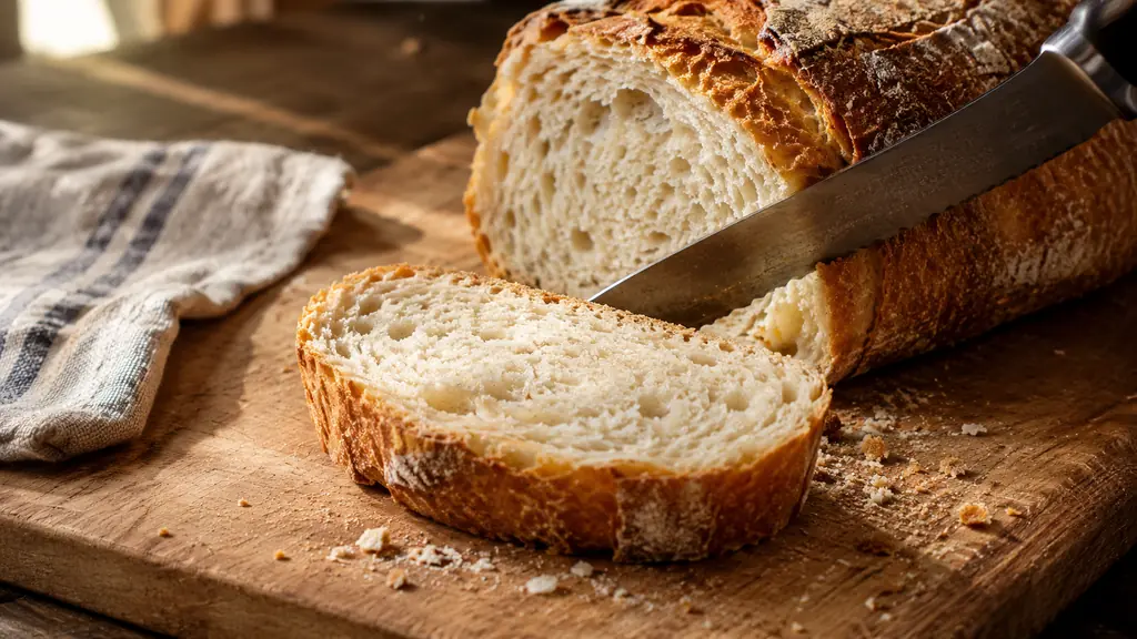A thick slice of crusty bread being cut on a wooden cutting board with a serrated knife