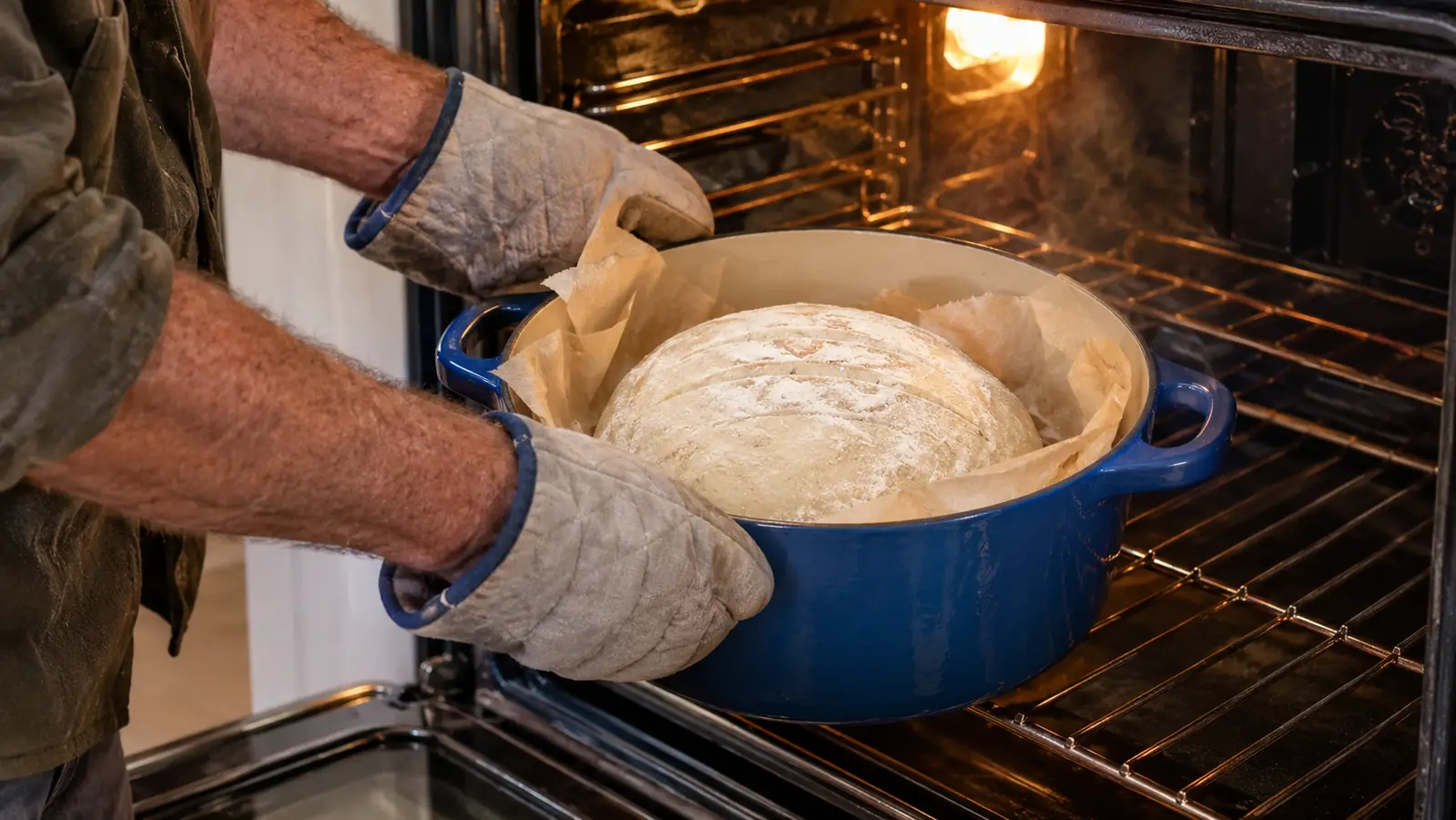 A baker in oven mitts lowering a round of dough into a preheated enameled cast iron Dutch oven.