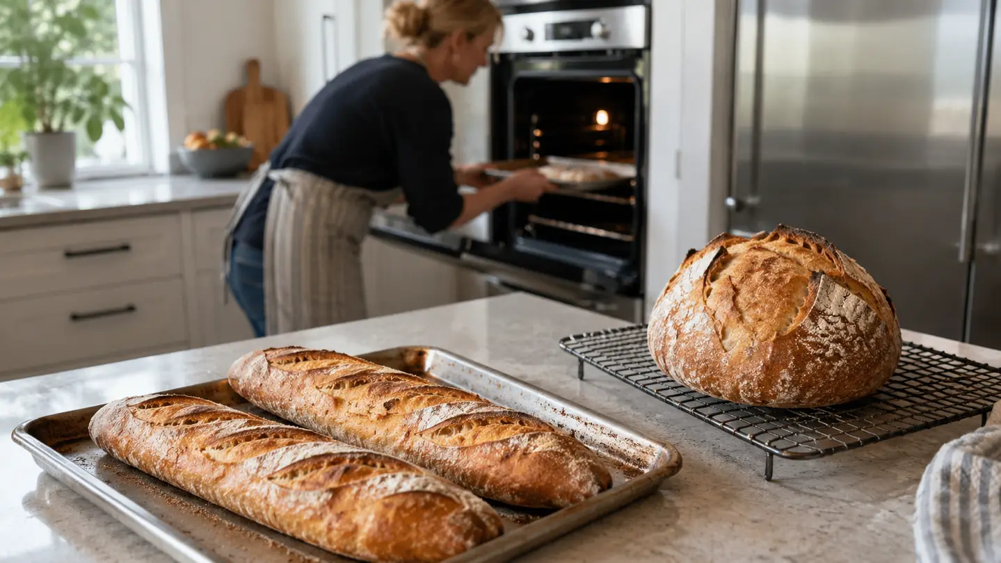 A rimmed baking sheet with baguettes beside a cooling rack holding a tall round loaf in a home kitchen.