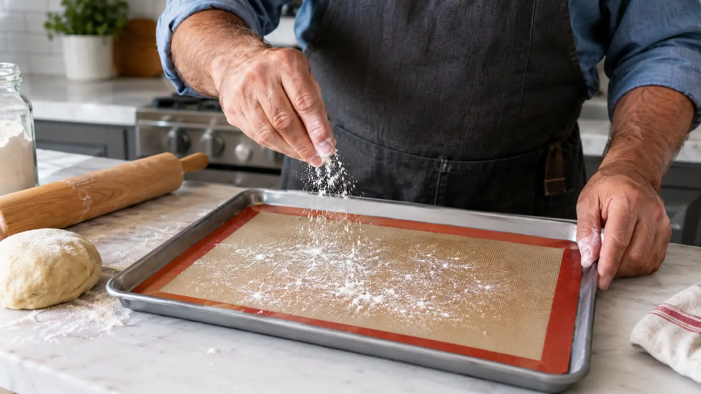 A hand sprinkling flour onto a silicone baking mat on a half-sheet pan before rolling out dough