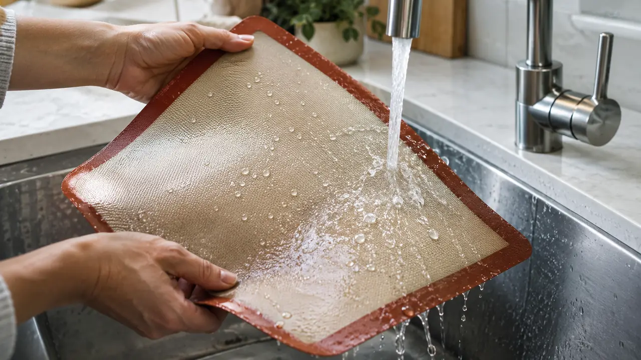 A silicone baking mat being rinsed under a kitchen faucet after baking, still clean