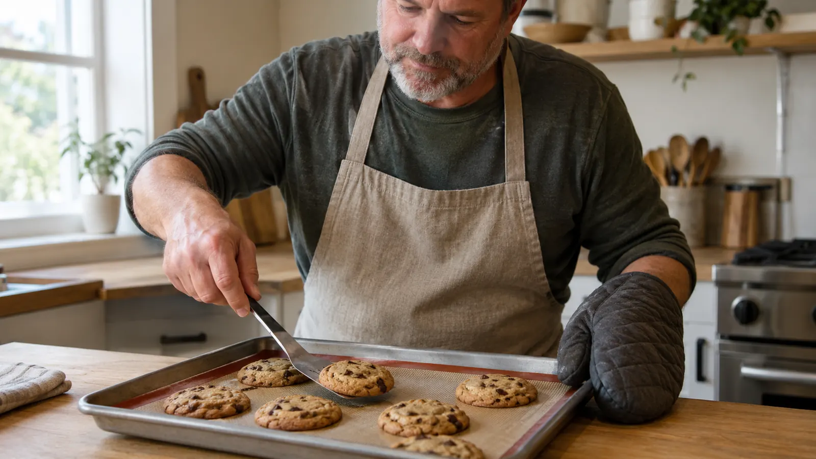A home baker using a thin metal spatula to lift a baked cookie off a silicone baking mat on a sheet pan