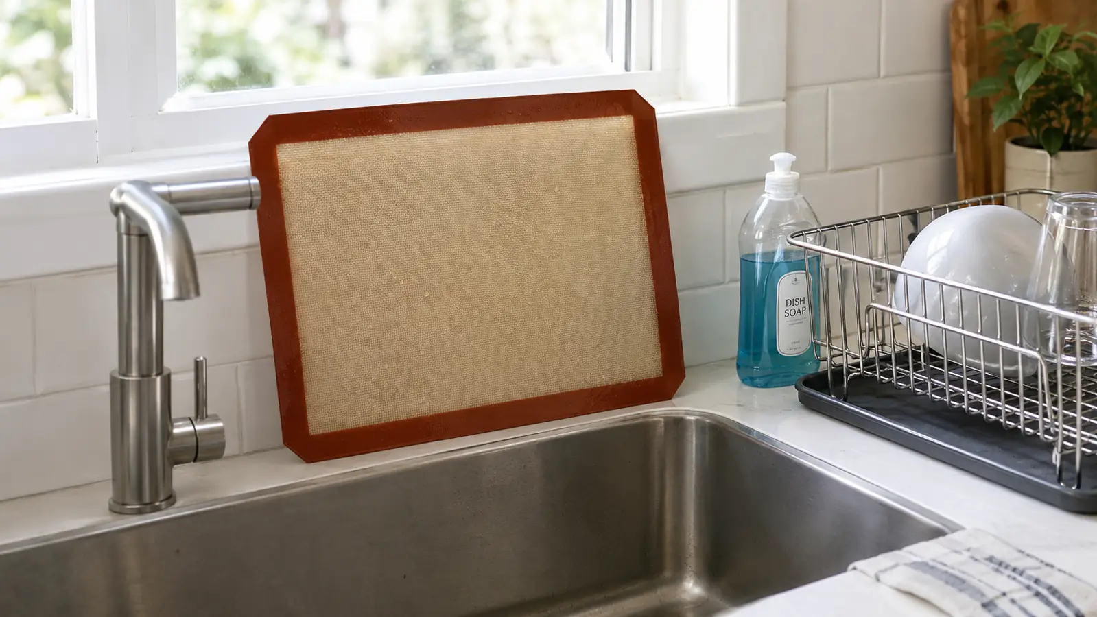 A silicone baking mat leaning against the back of a kitchen sink to dry after being washed, with a dish rack nearby
