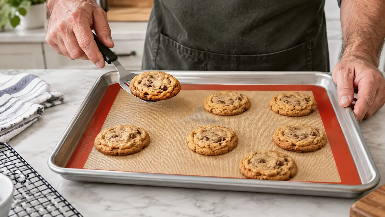 Close view of a rectangular silicone baking mat on a half-sheet pan with a cookie lifted off to show the clean non-stick surface