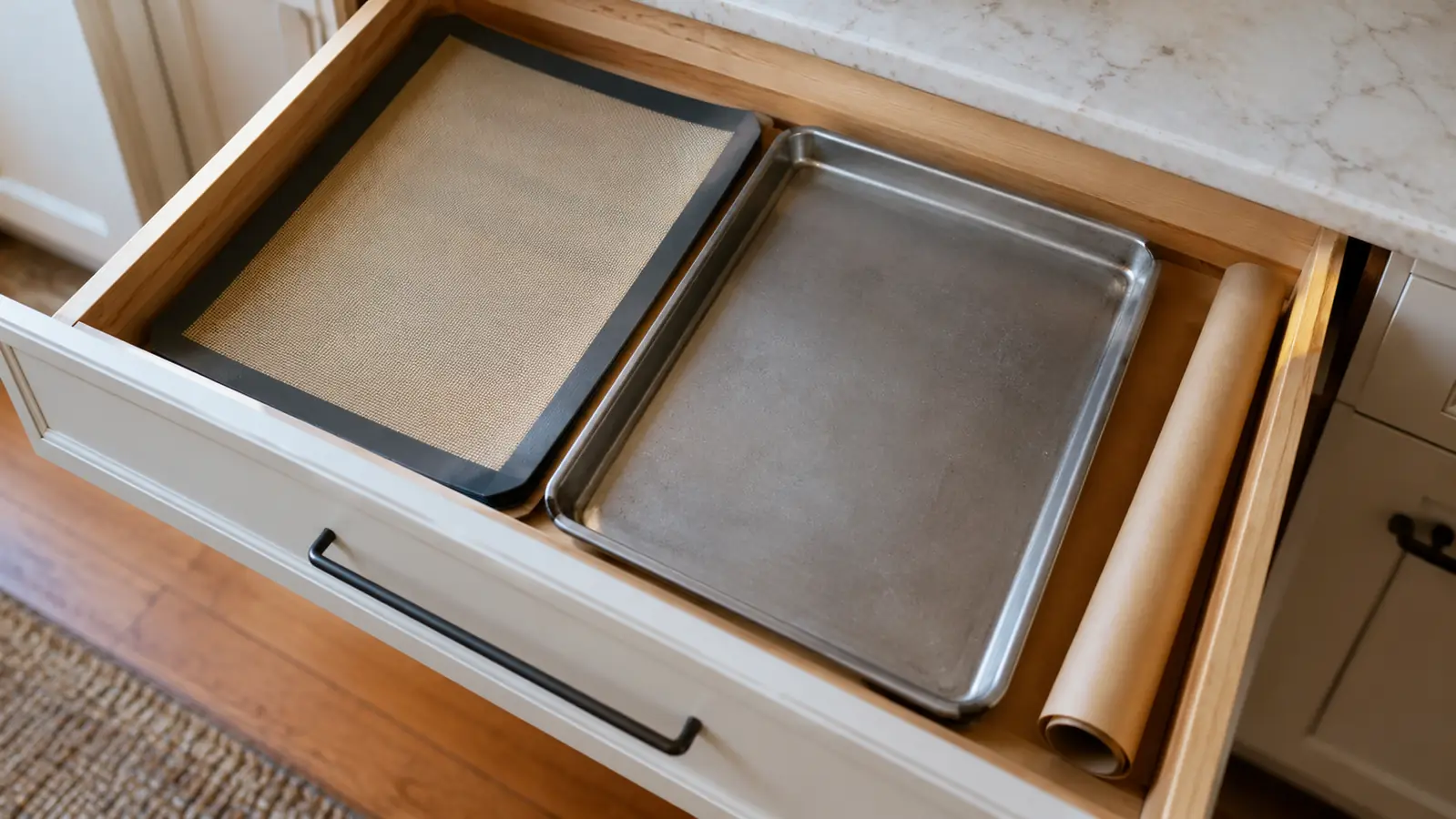 An open kitchen drawer holding a flat silicone baking mat beside a half-sheet pan and a roll of parchment paper