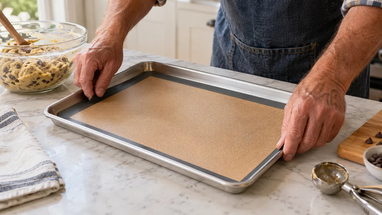 A hand placing a silicone baking mat onto a half-sheet pan before baking