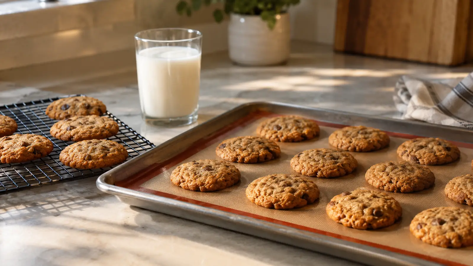 A batch of golden cookies cooling on a silicone baking mat on the counter
